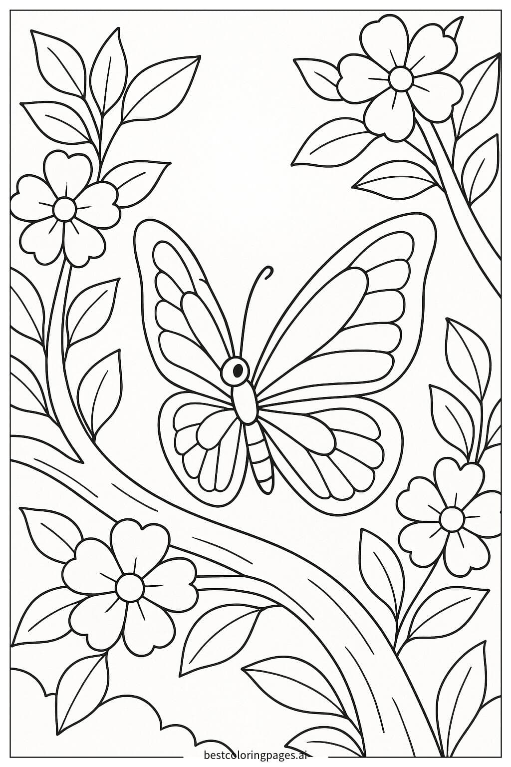 枝に止まる蝶と花と葉