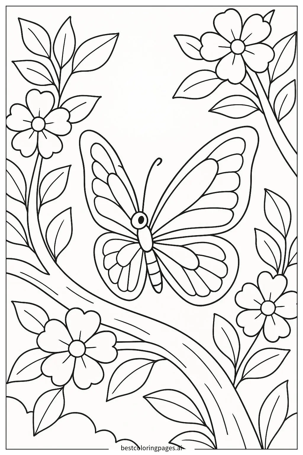 ภาพระบายสี ผีเสื้อบนกิ่งไม้กับดอกไม้และใบไม้