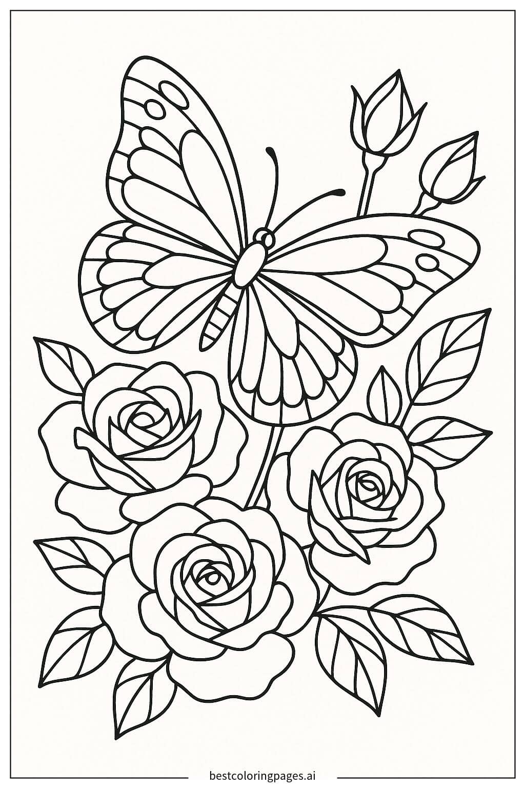 Butterfly with Roses Coloring Page