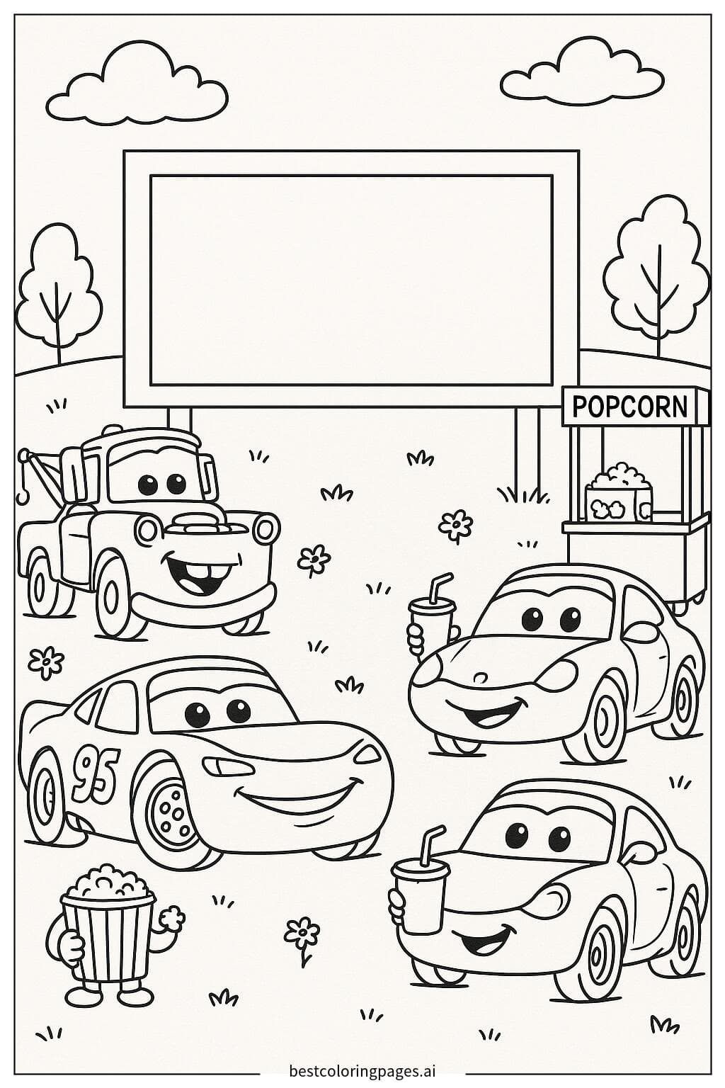 Cars Characters Enjoying an Outdoor Movie Night