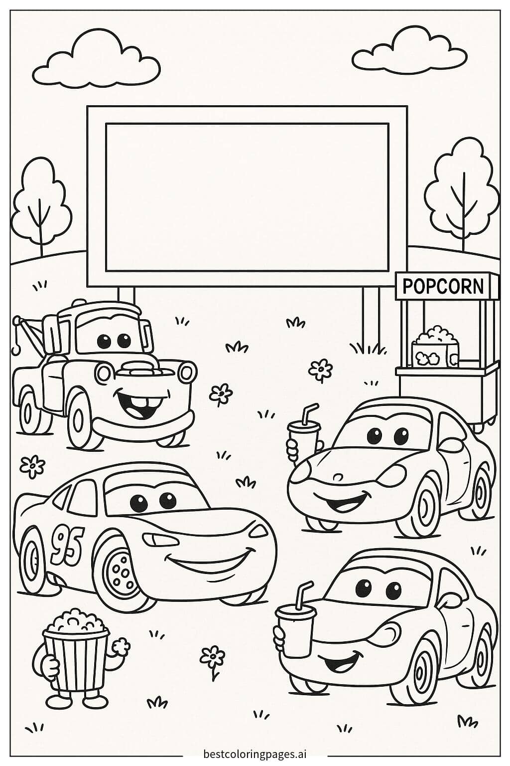 Cars Characters Enjoying an Outdoor Movie Night Coloring Page