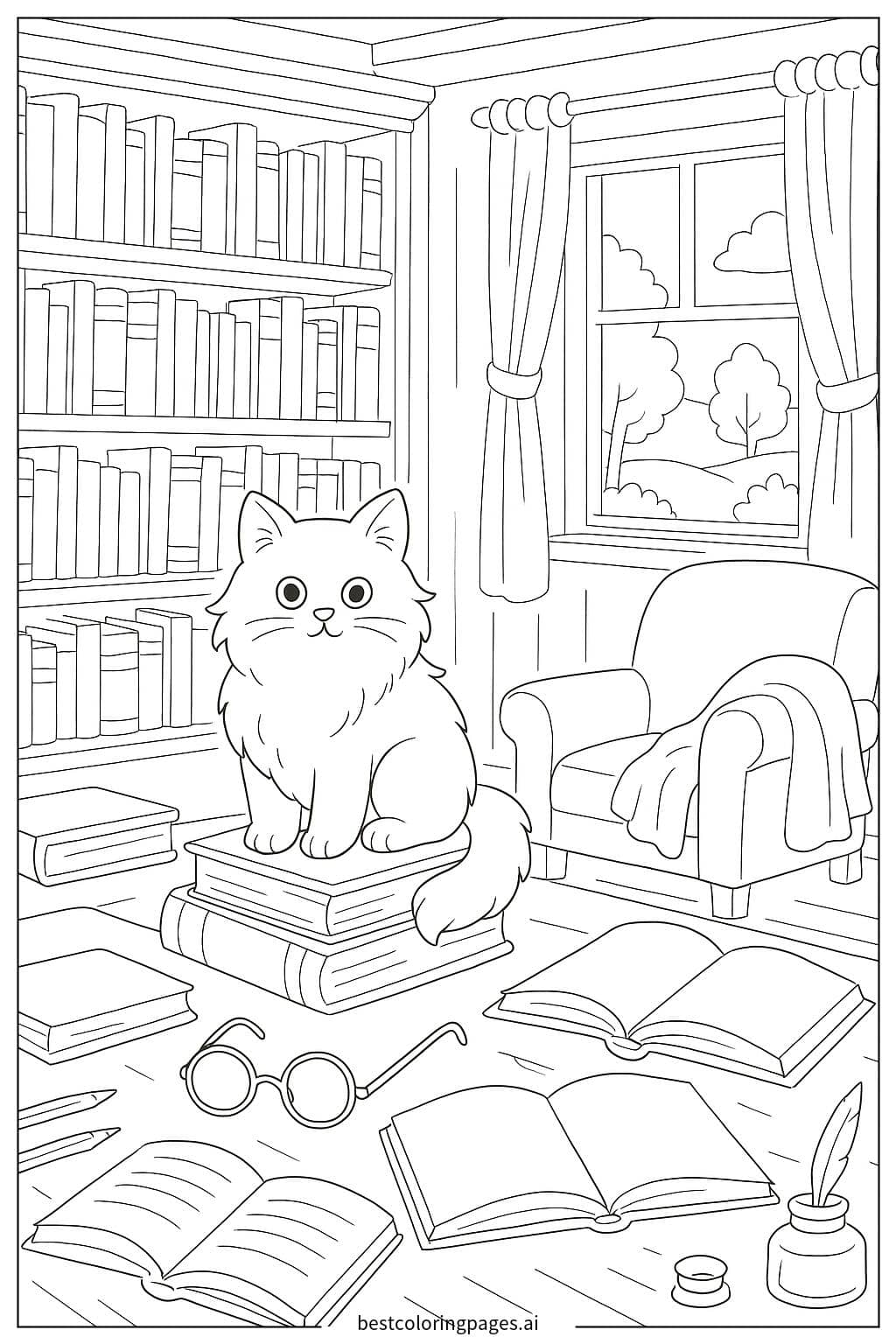 Cozy Study Room with Cat and Books Coloring Page