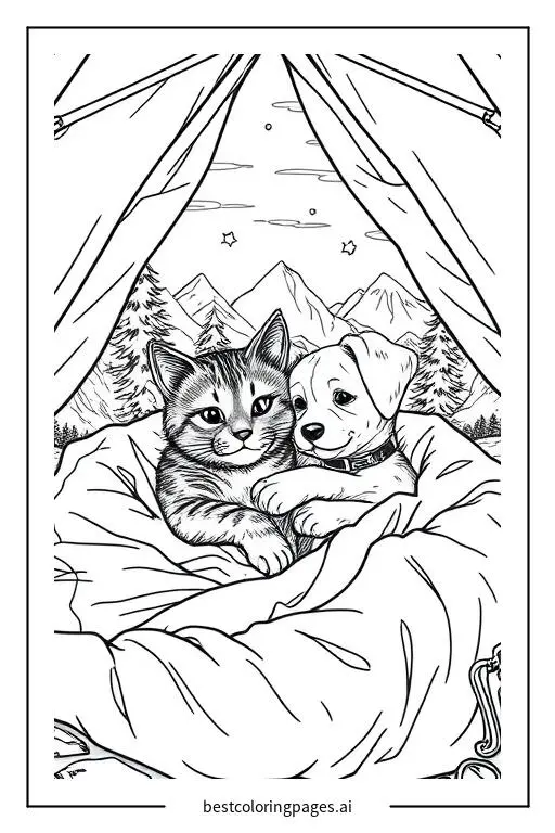 Cat and Dog Snuggling in a Sleeping Bag in a Camping Tent