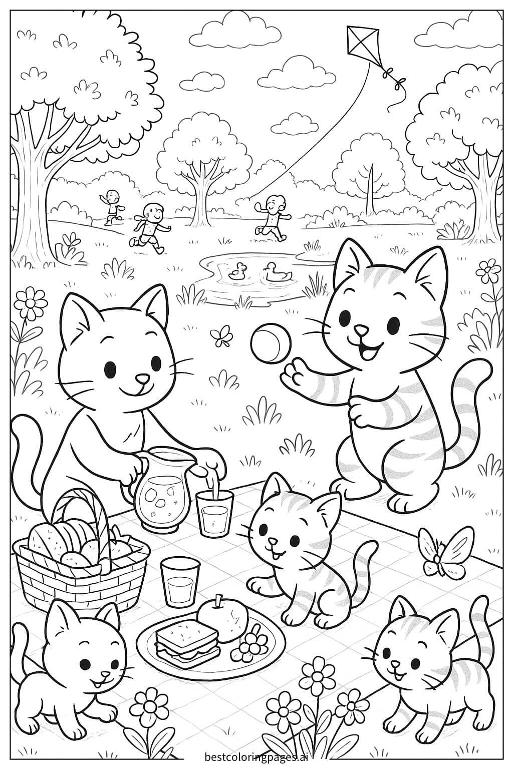 ภาพระบายสี ปิกนิกของครอบครัวแมว