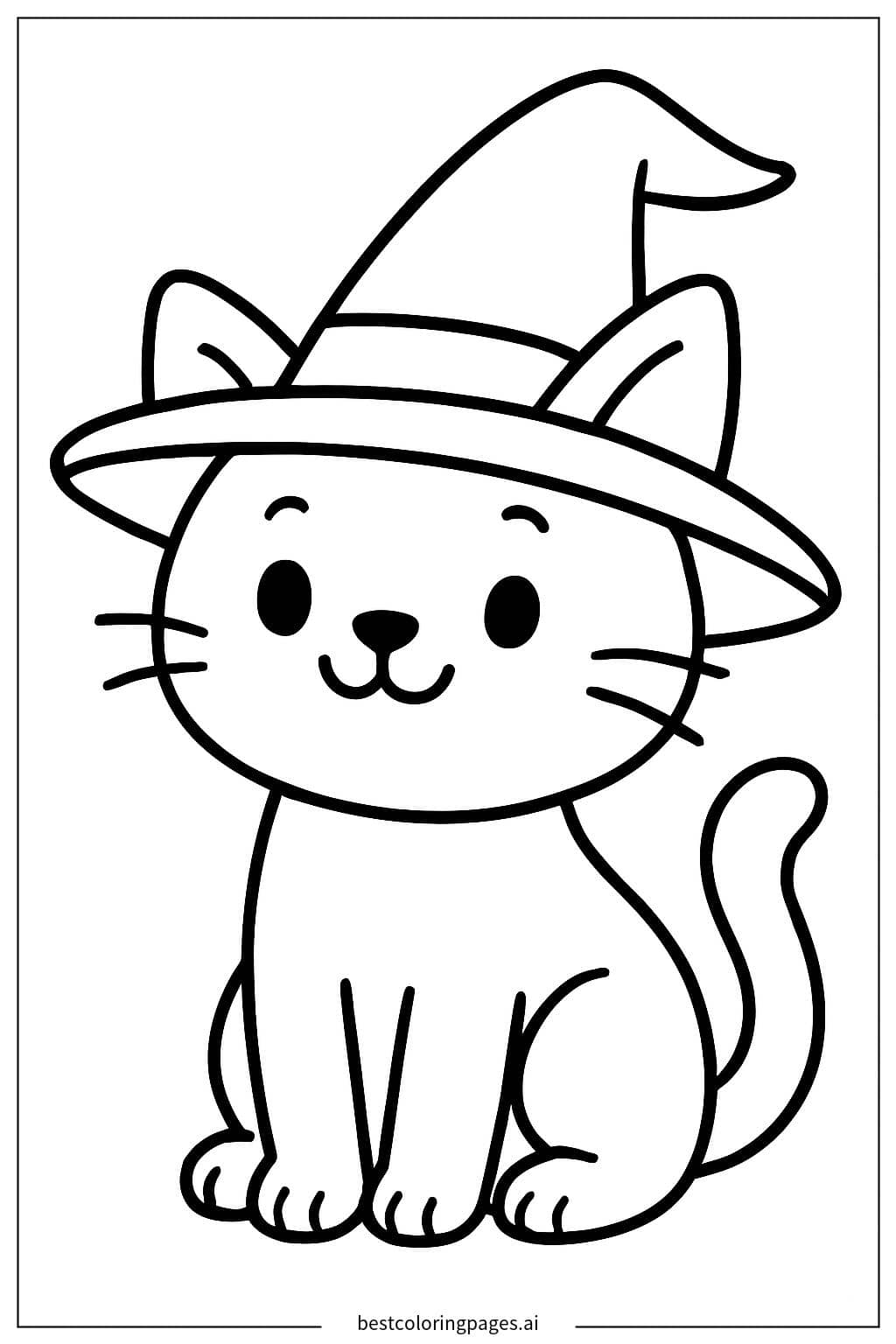 Charming Cat in a Whimsical Witch Hat Coloring Page