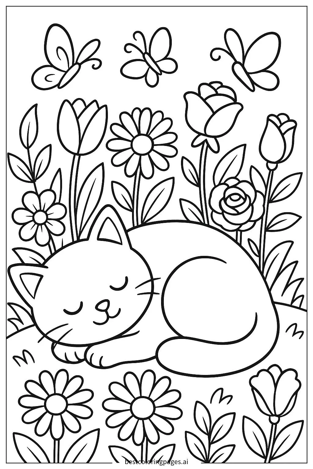 花に囲まれた庭で眠る猫