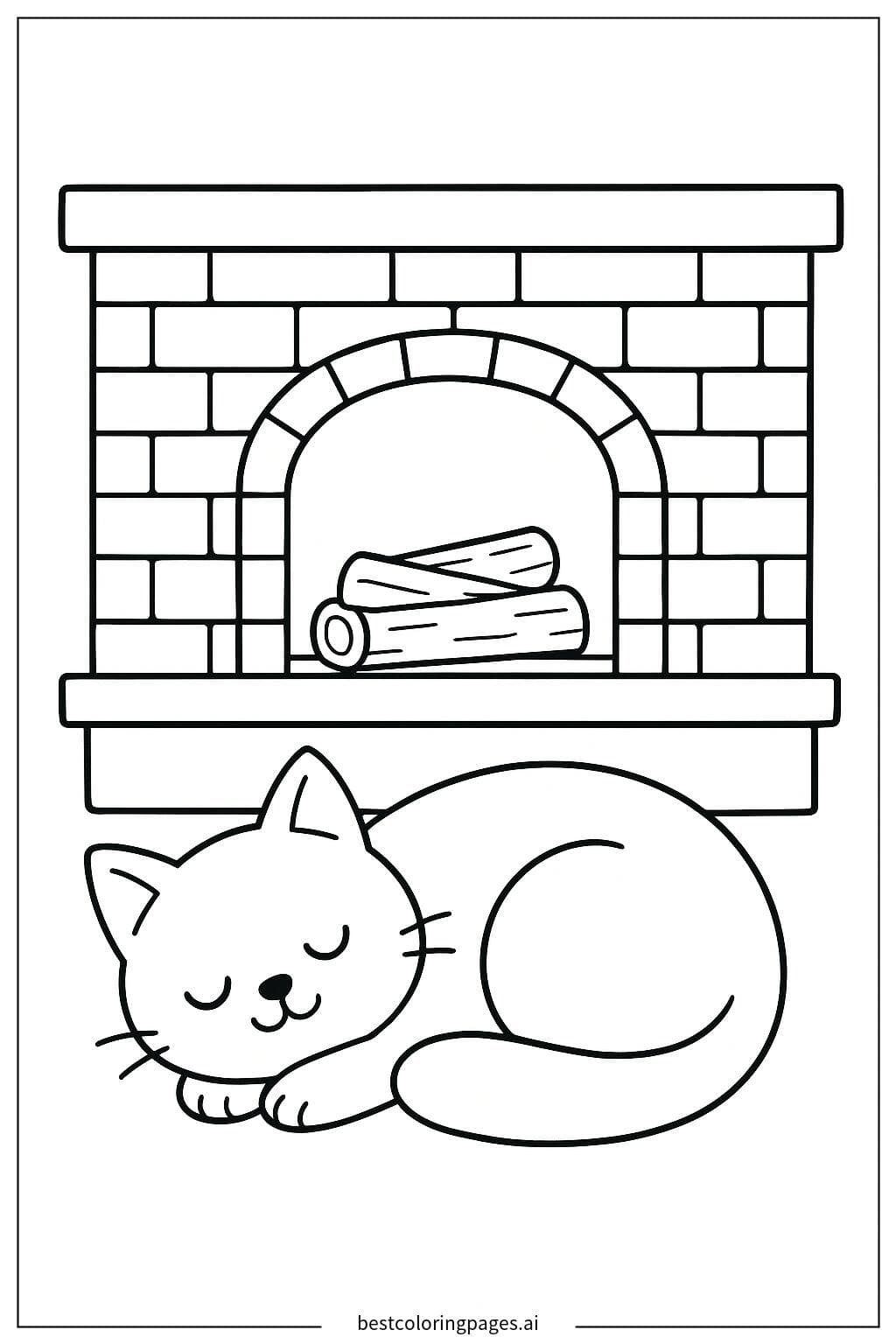 Cozy Cat Sleeping by a Fireplace