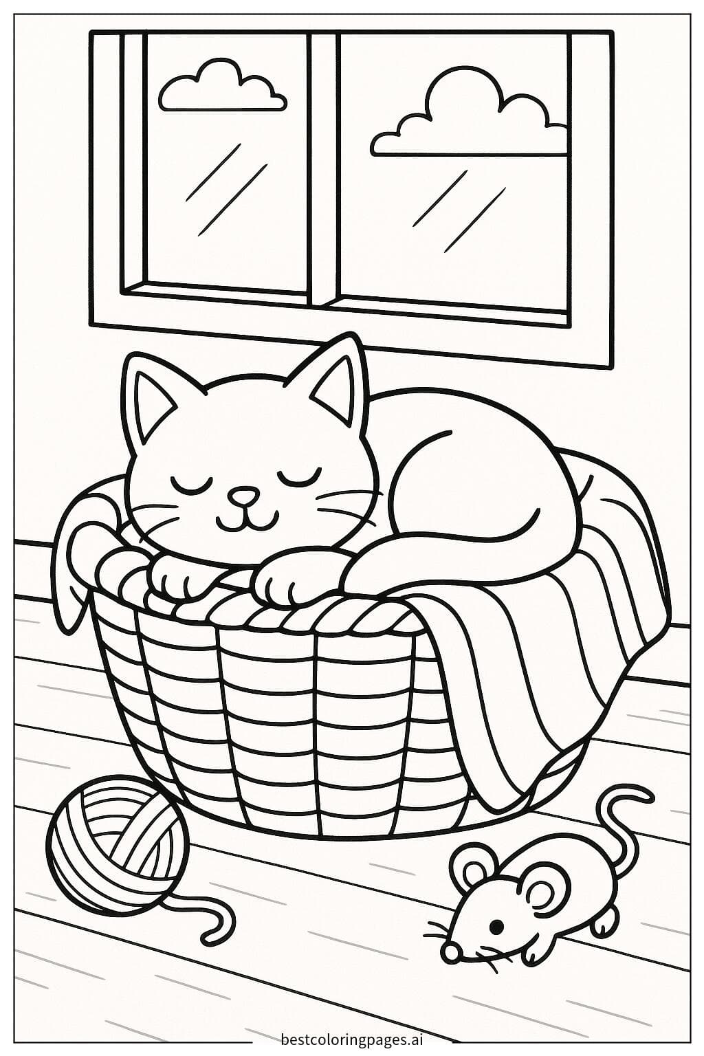 Gatto che dorme in un cestino con una coperta