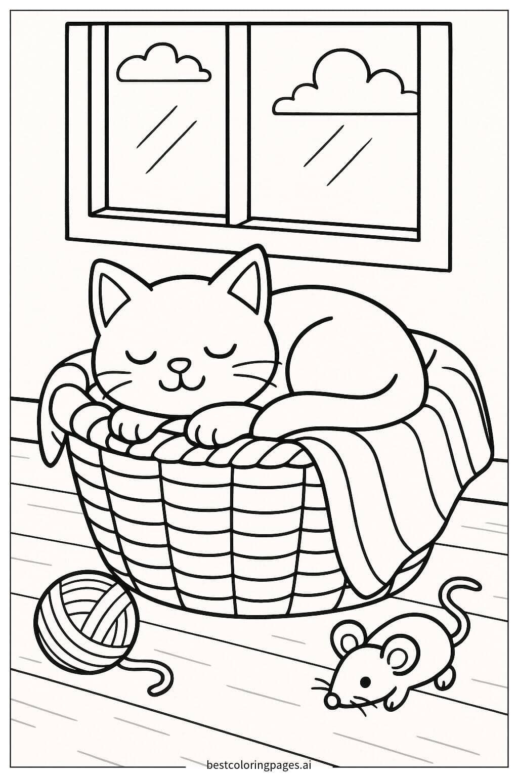 Disegni di Gatto che dorme in un cestino con una coperta da Colorare