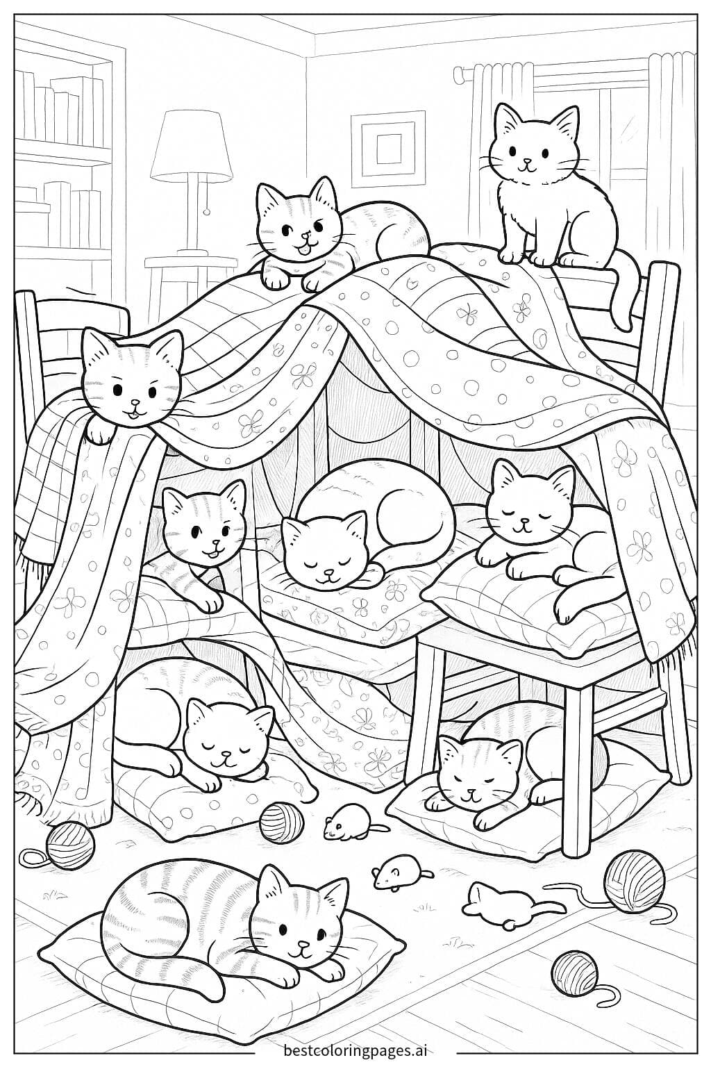 Gatti che si rilassano in una fortezza di coperte accogliente