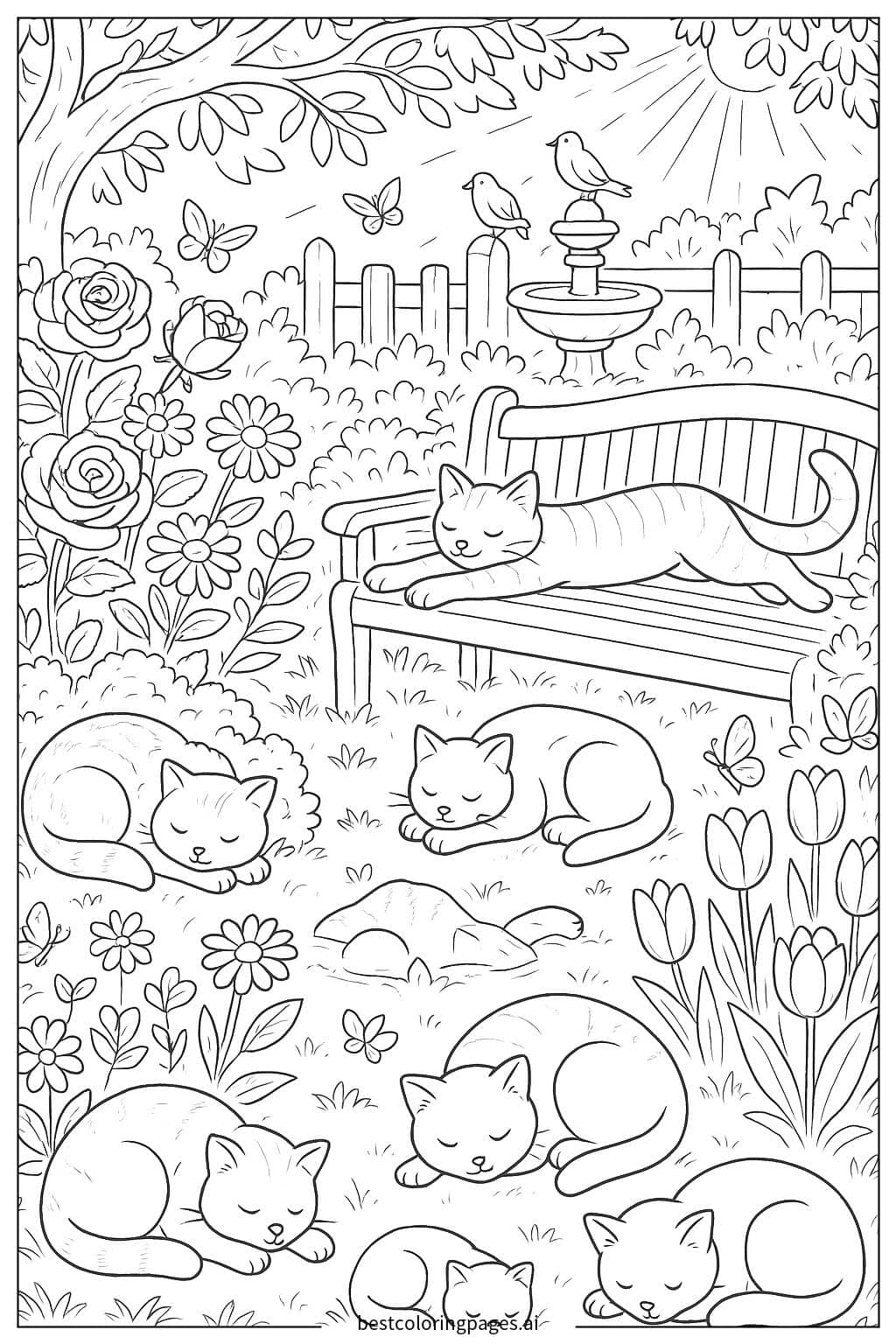 Disegni di Gatti che dormono in un giardino soleggiato con fiori da Colorare