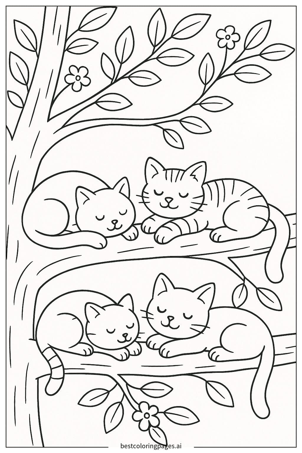 Cats Resting Peacefully on a Tree Branch Coloring Page
