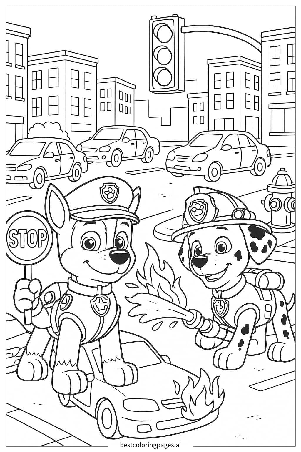Chase and Marshall Team Up for a Traffic Rescue Coloring Page
