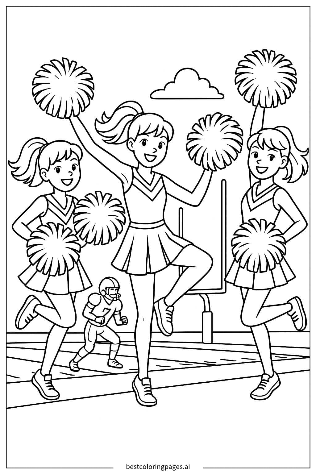 Cheerleaders Performing a Lively Routine Beside the Football Field Coloring Page