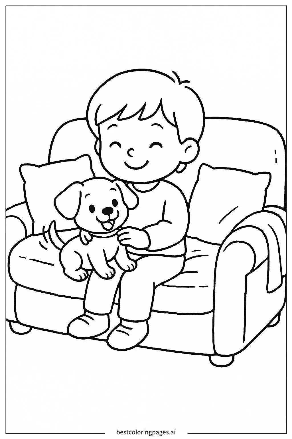 Child and Puppy Relaxing on a Sofa Coloring Page
