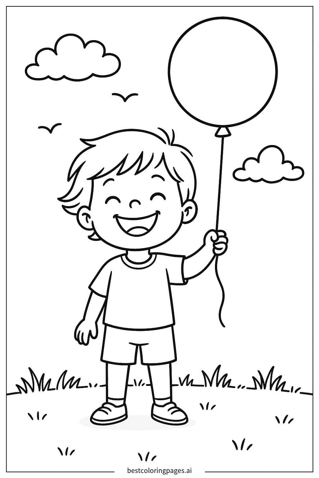 Happy Child Holding a Balloon Coloring Page