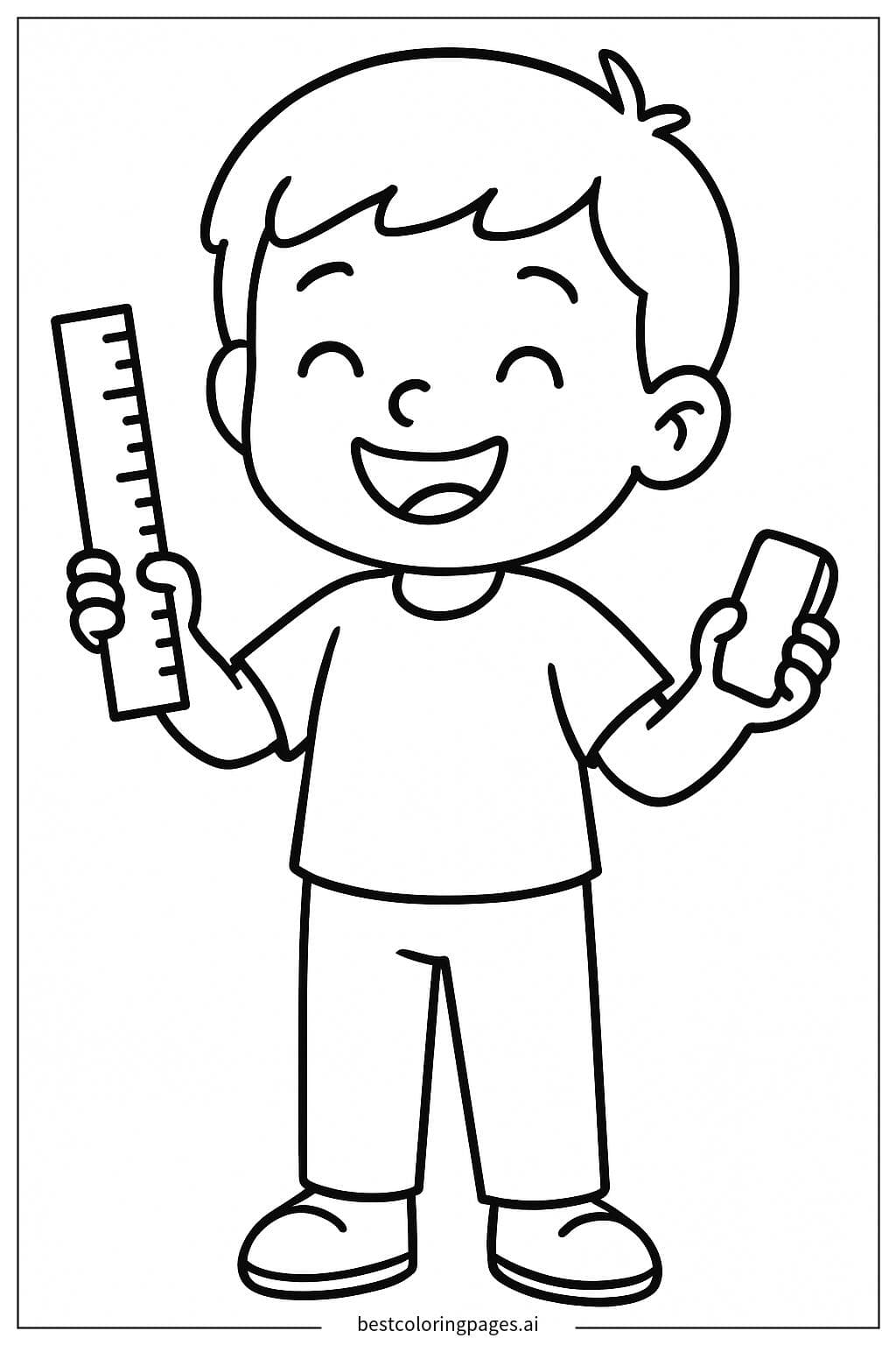 Smiling Child Holding a Ruler and Eraser