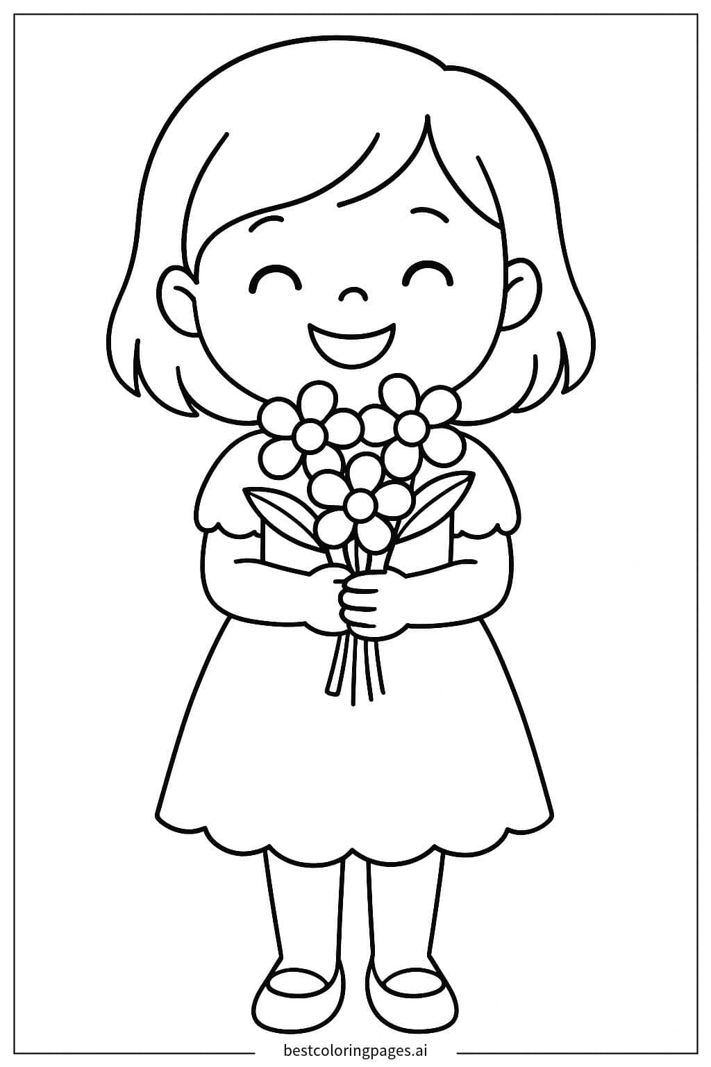 Child Holding a Bouquet of Flowers Coloring Page