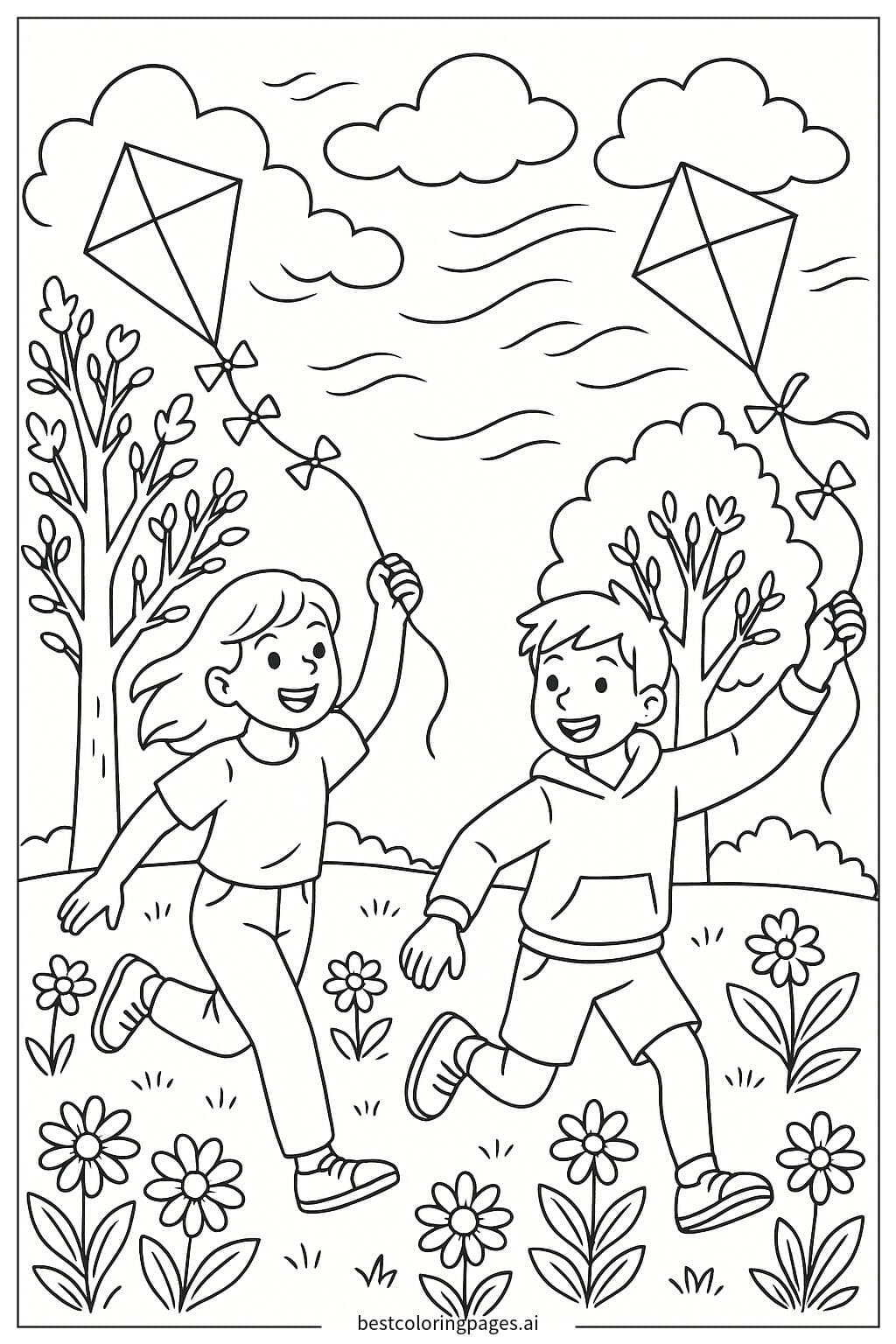Children Enjoying Spring by Flying Kites in the Breeze