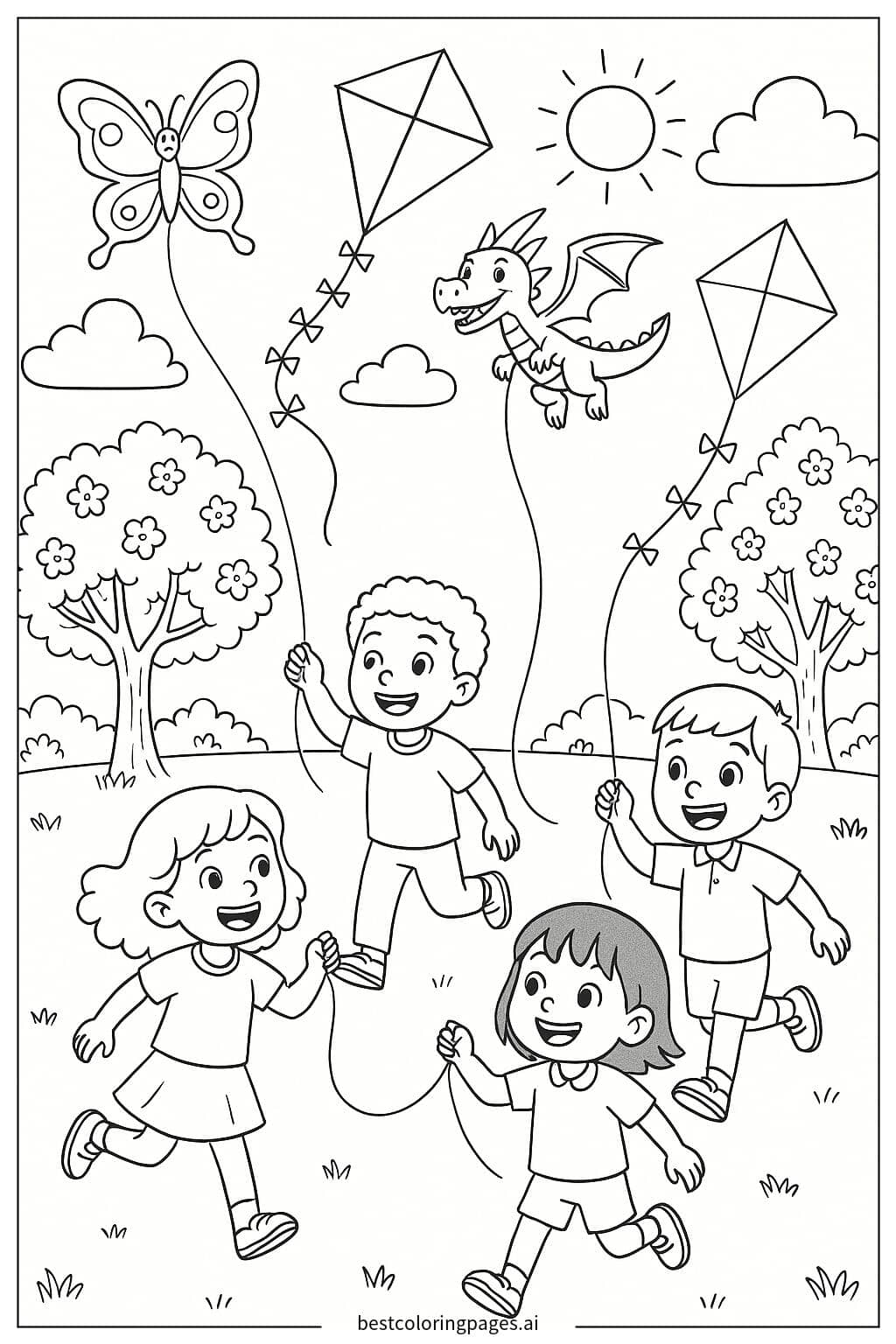 Kids Enjoying Kite Flying in the Park Coloring Page