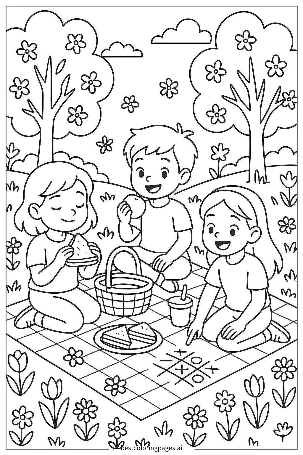 Kinder beim Picknick auf einer Frühlingswiese