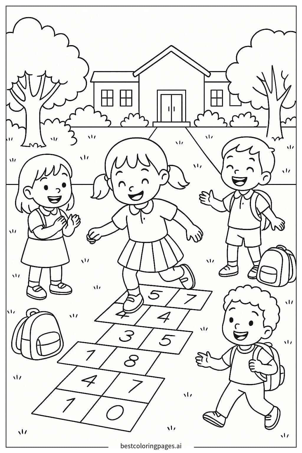 Kids Enjoying Hopscotch in the Schoolyard Coloring Page