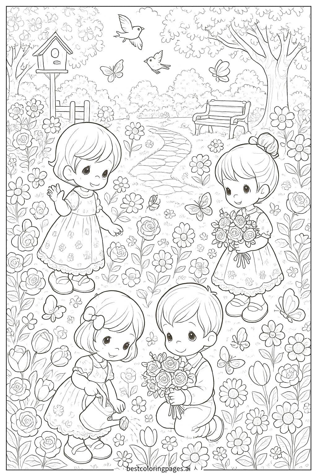 Children Playing in a Garden of Flowers Coloring Page