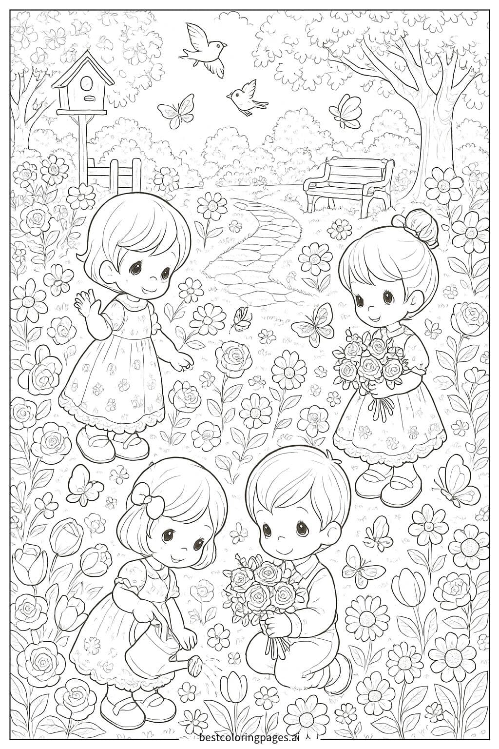 Children Playing in a Garden of Flowers