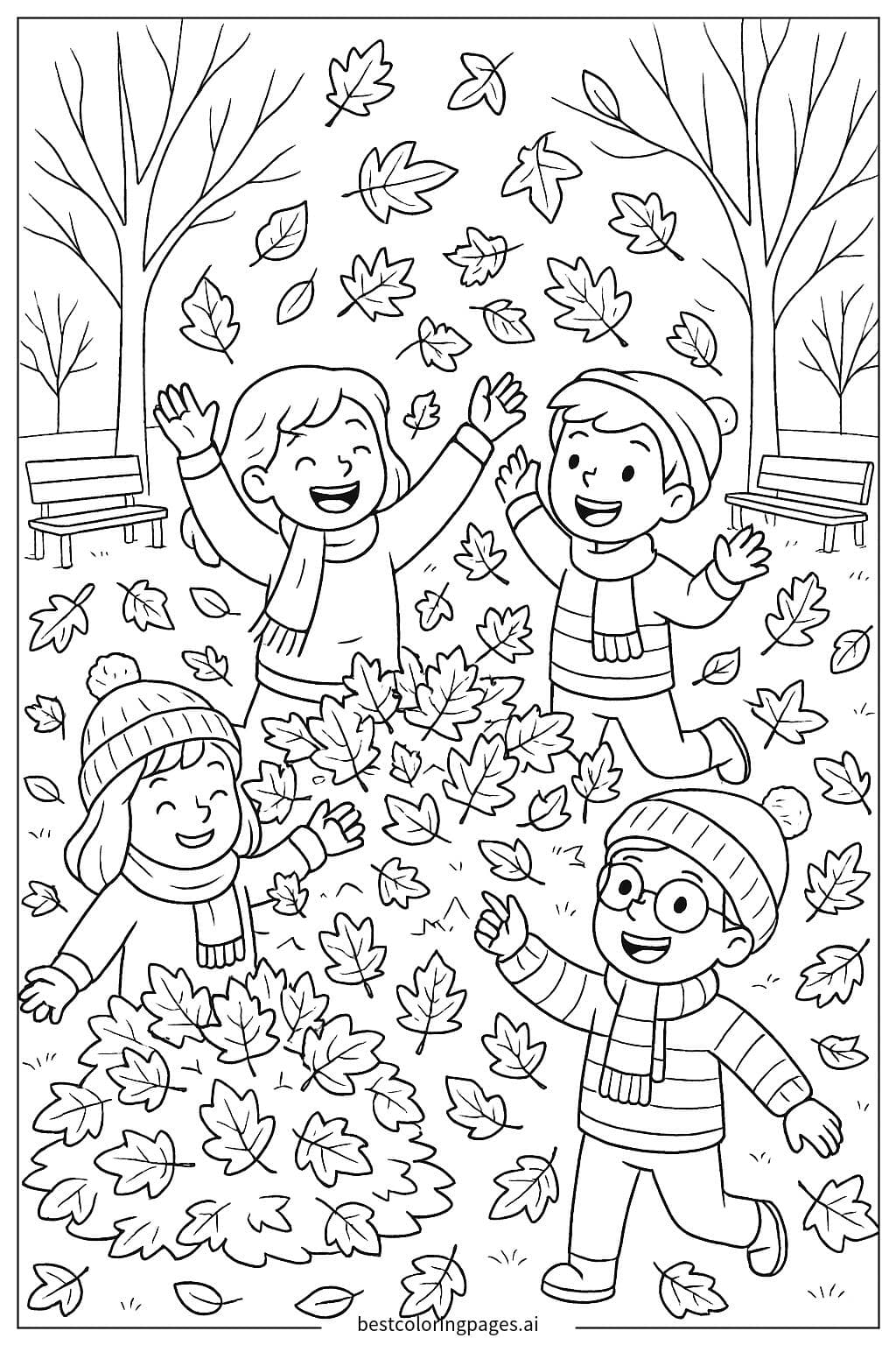 Crianças brincando em pilhas de folhas