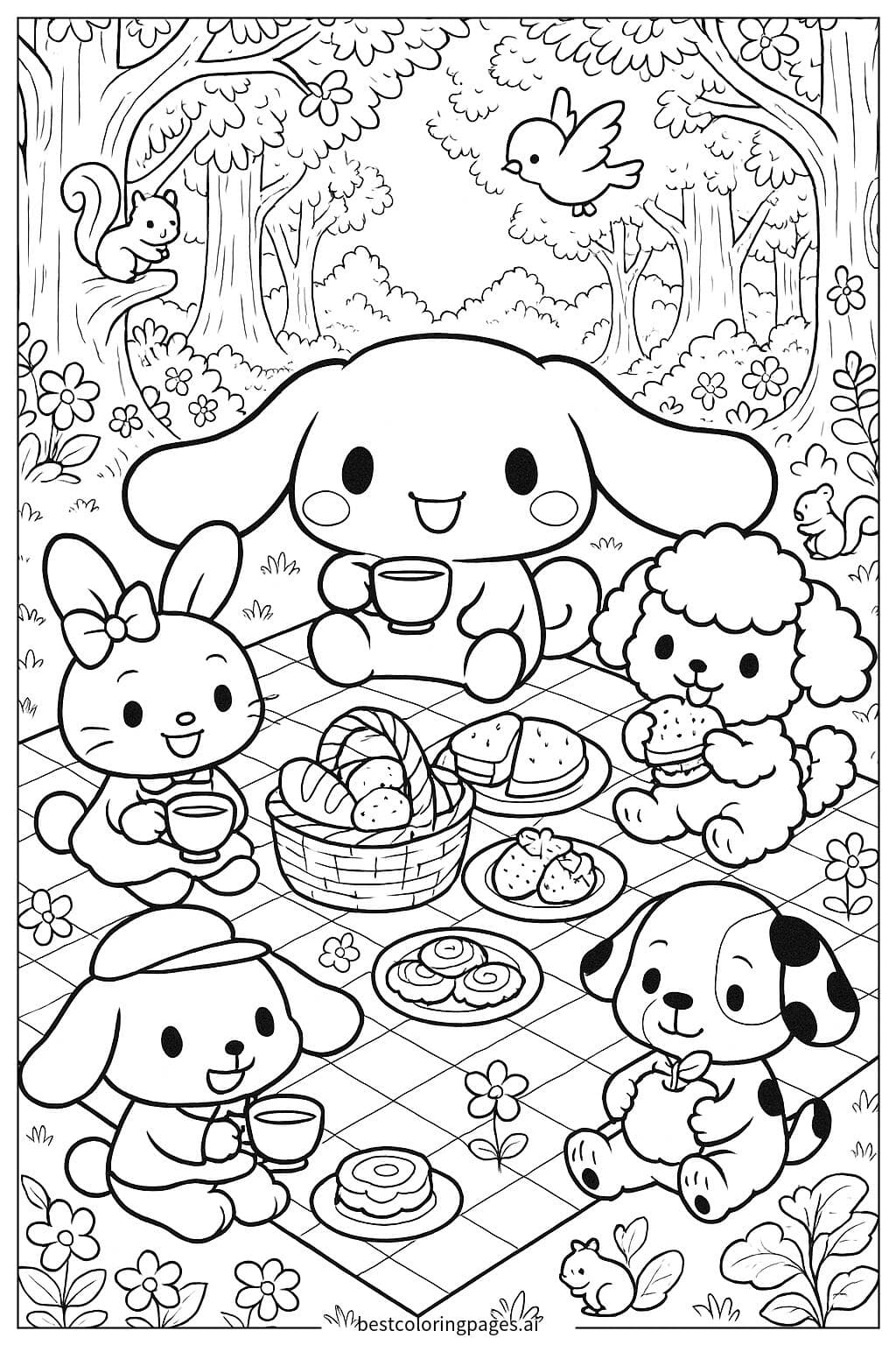 सिनामोरोल और दोस्तों का वन पिकनिक कलरिंग पेज