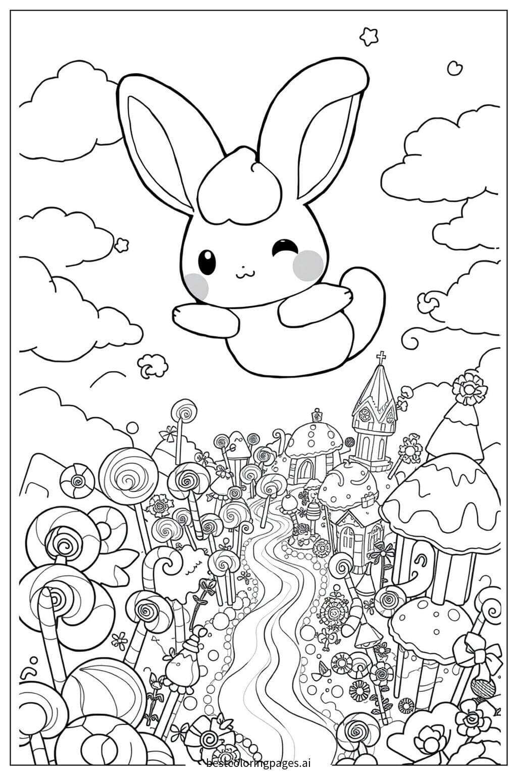 Cinnamoroll Flying Over a Magical Candy Land