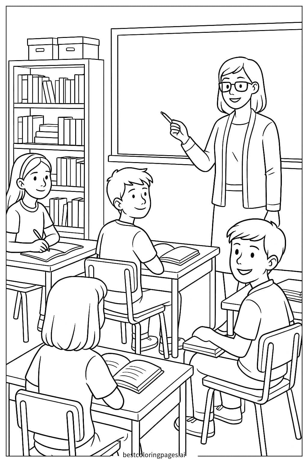 Desenhos de Sala de aula com alunos e professora interagindo para Colorir