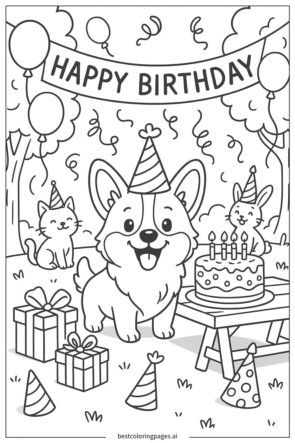 생일 파티의 코기 색칠공부