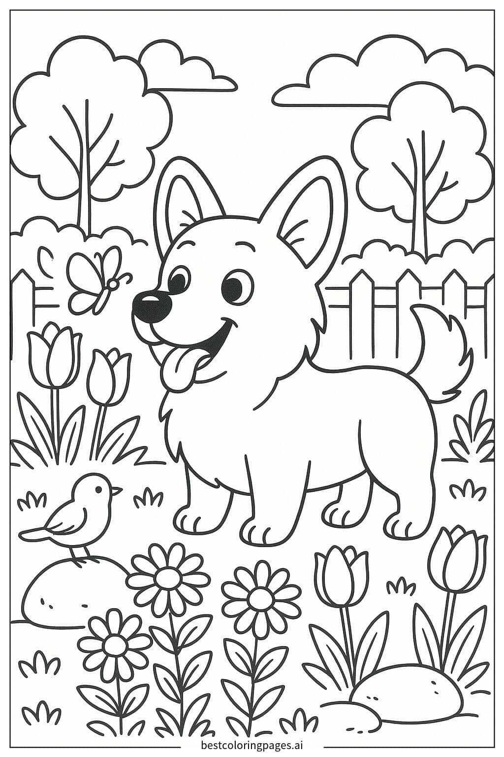 Corgi in the Garden Coloring Page