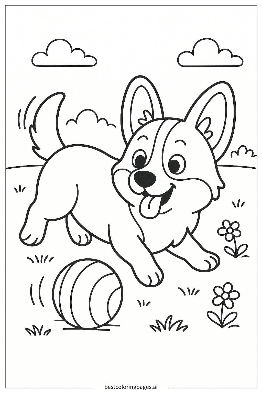 Desenhos de Corgi Brincando com Bola para Colorir