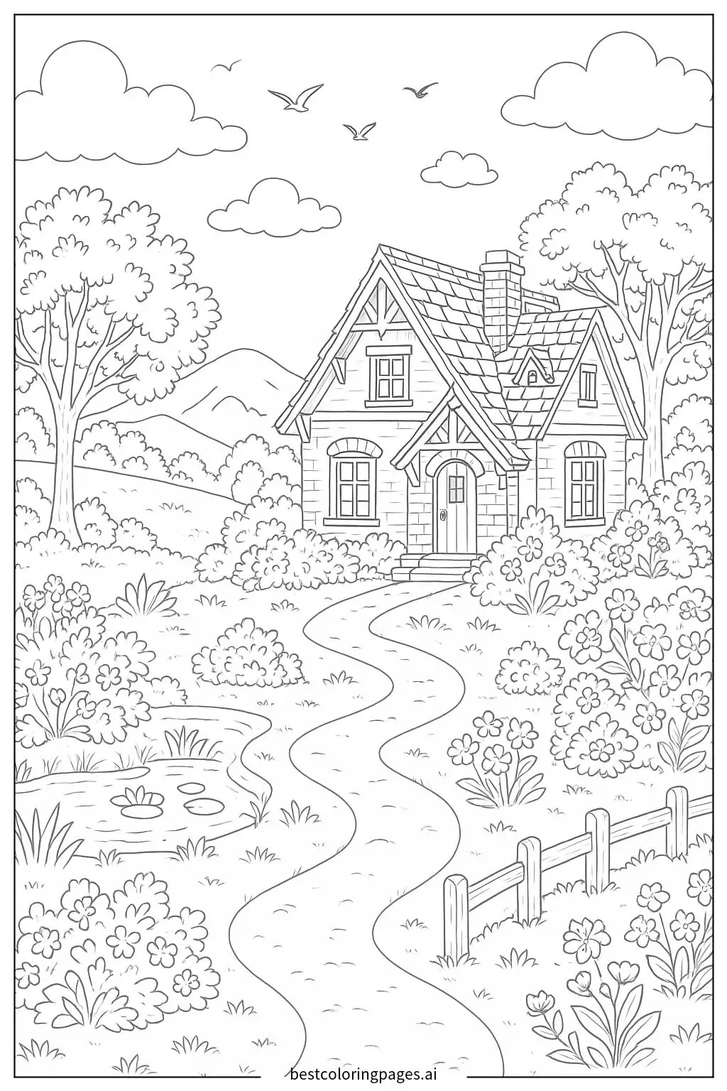 Charming Countryside House Panorama Coloring Page