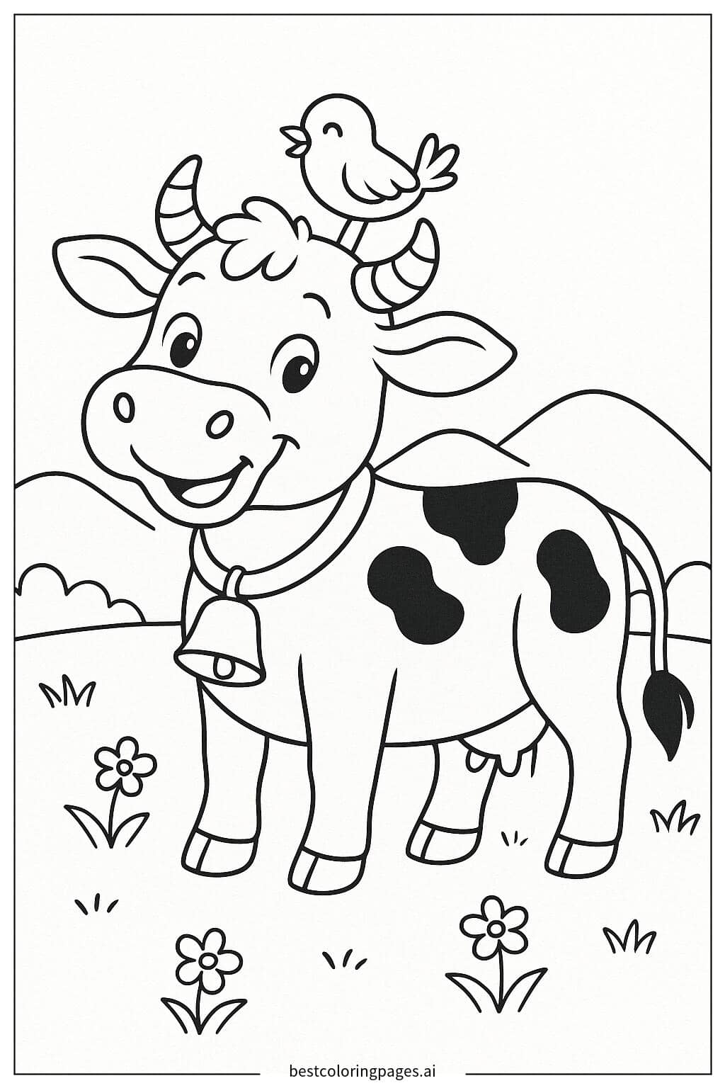 Cow and Bird in a Meadow Coloring Page