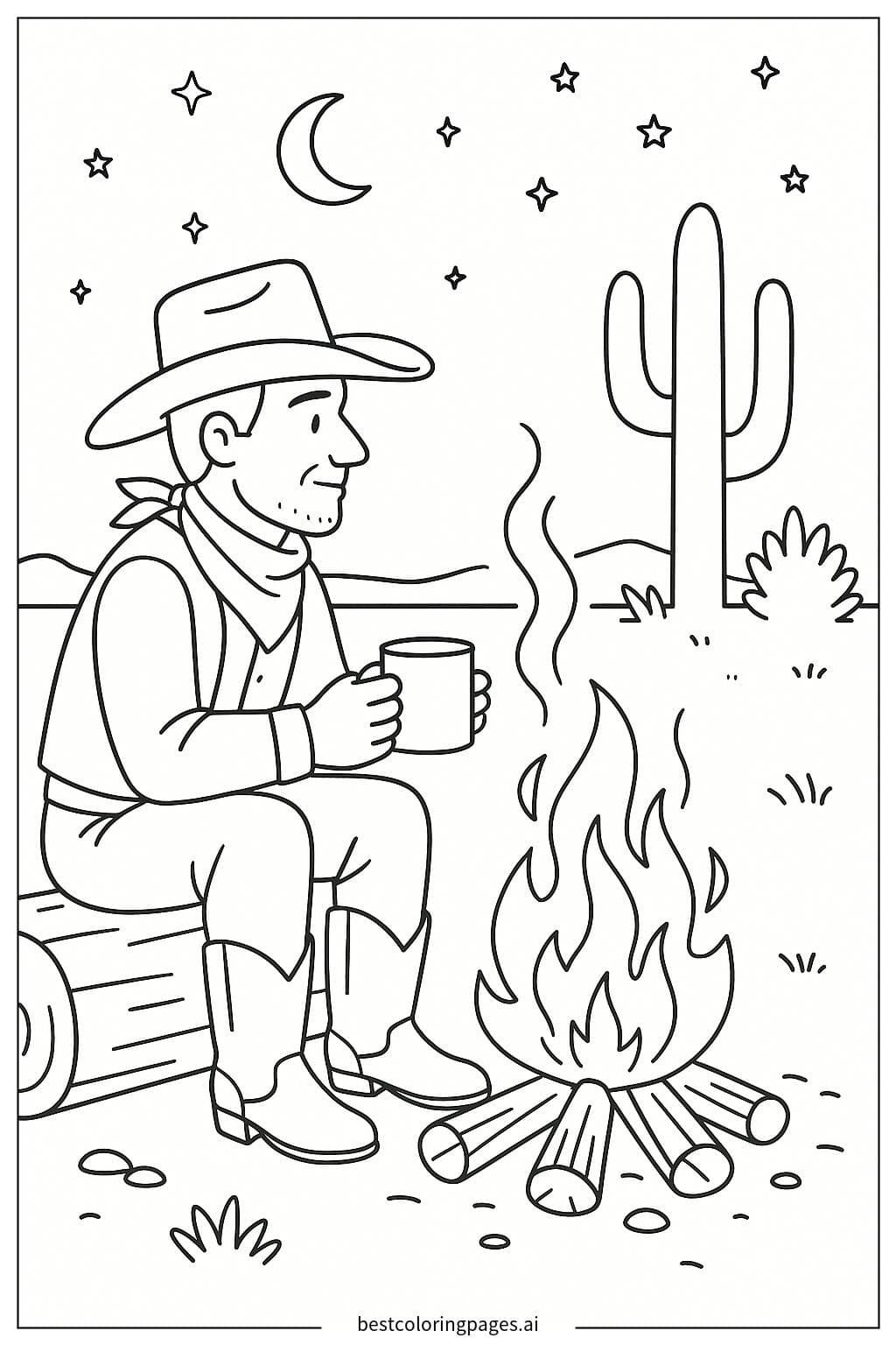Cowboy by the Campfire Coloring Page
