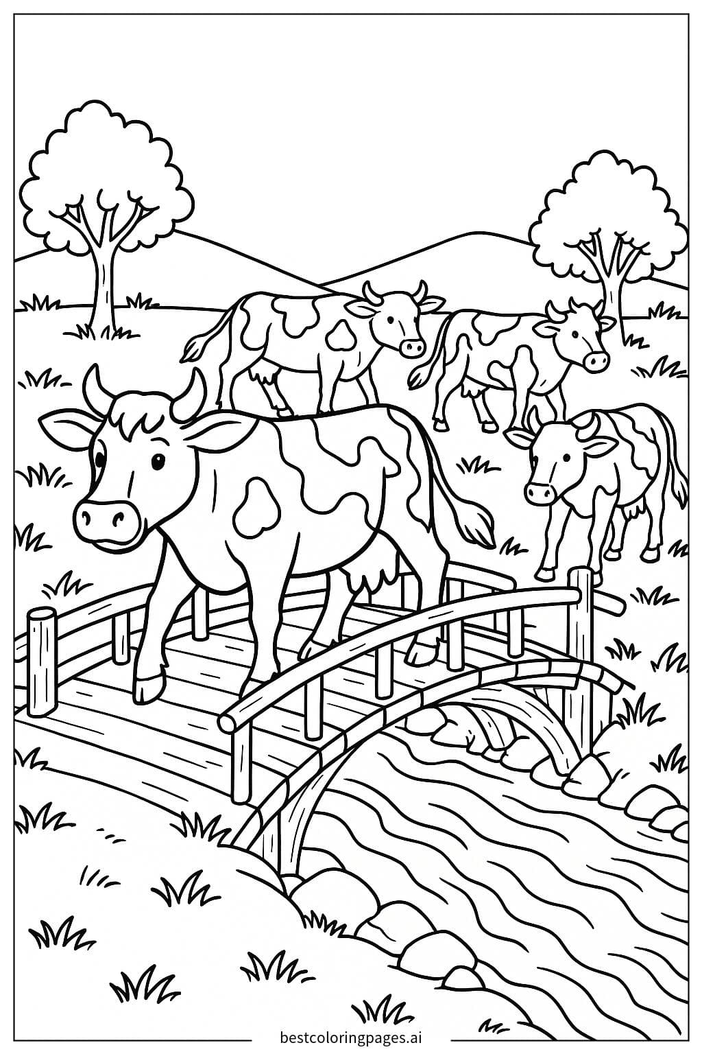 Cows Crossing a Wooden Bridge Over a Stream