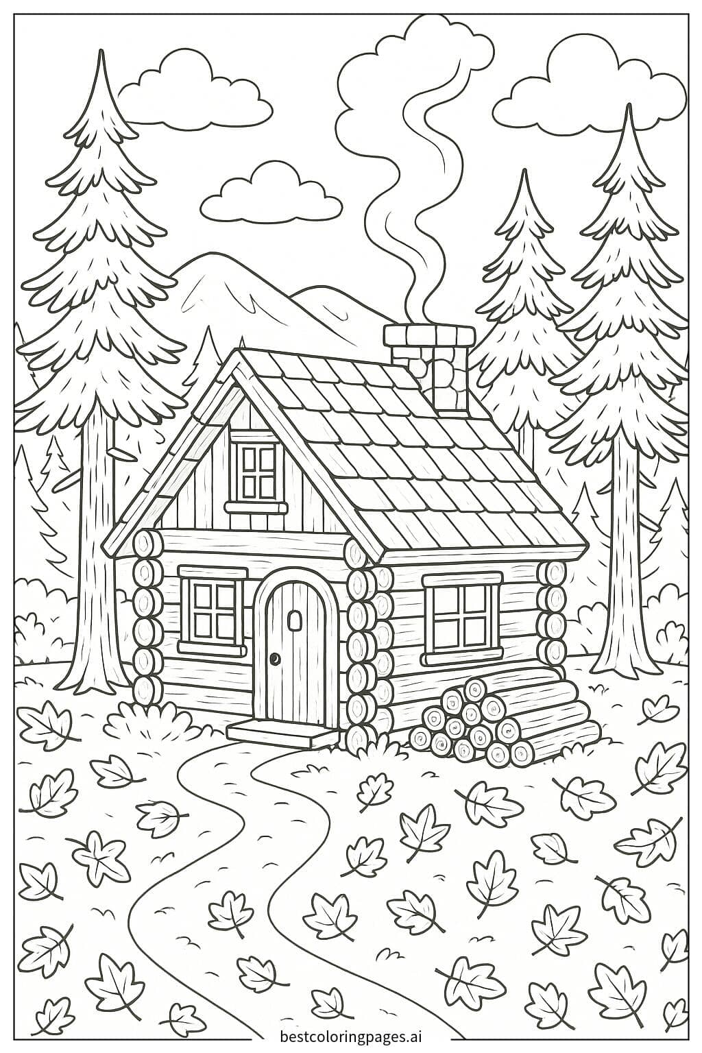Desenhos de Cabana Aconchegante com Fumaça Saindo da Chaminé para Colorir