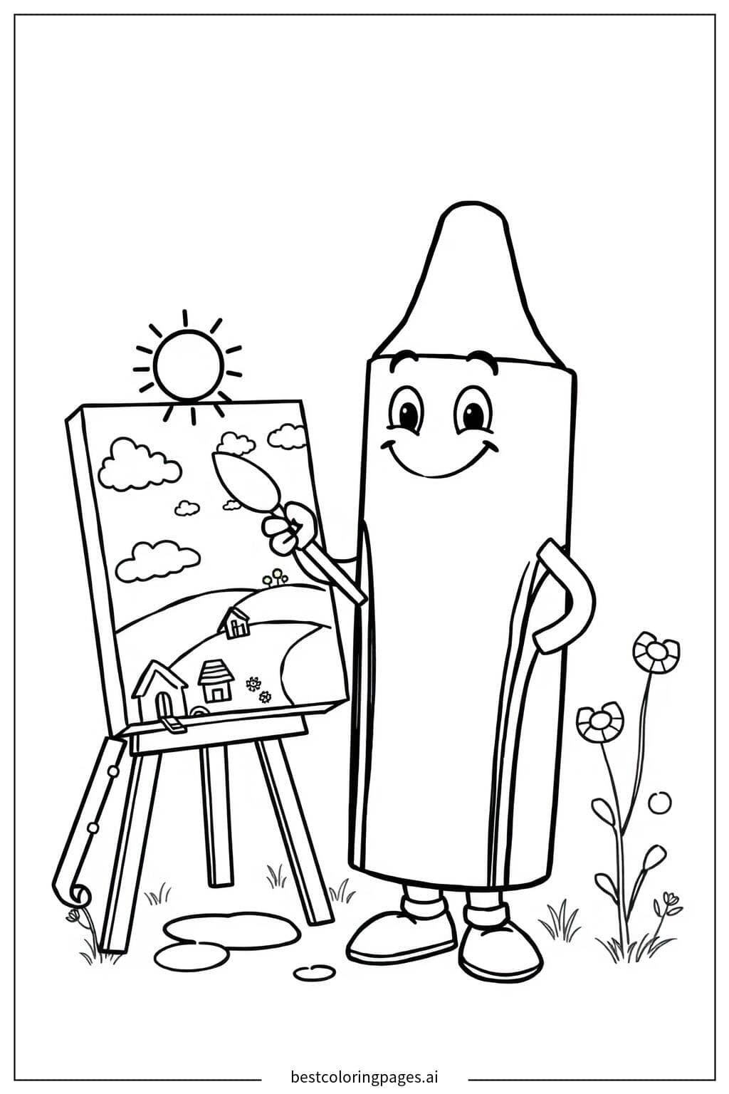 Crayola Crayon Painting a Sunny Landscape Coloring Page