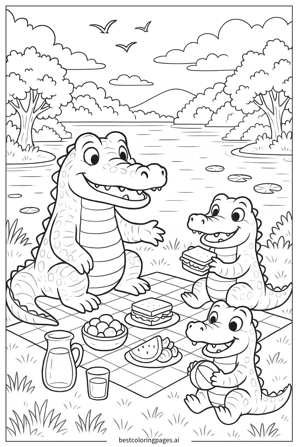 Crocodile Family Picnic by the Lake Coloring Page