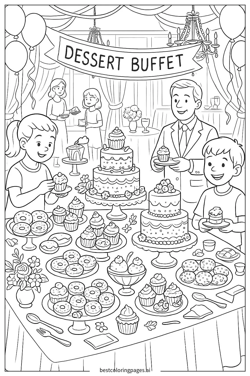 豪華なパーティーのデザートビュッフェ のぬりえ