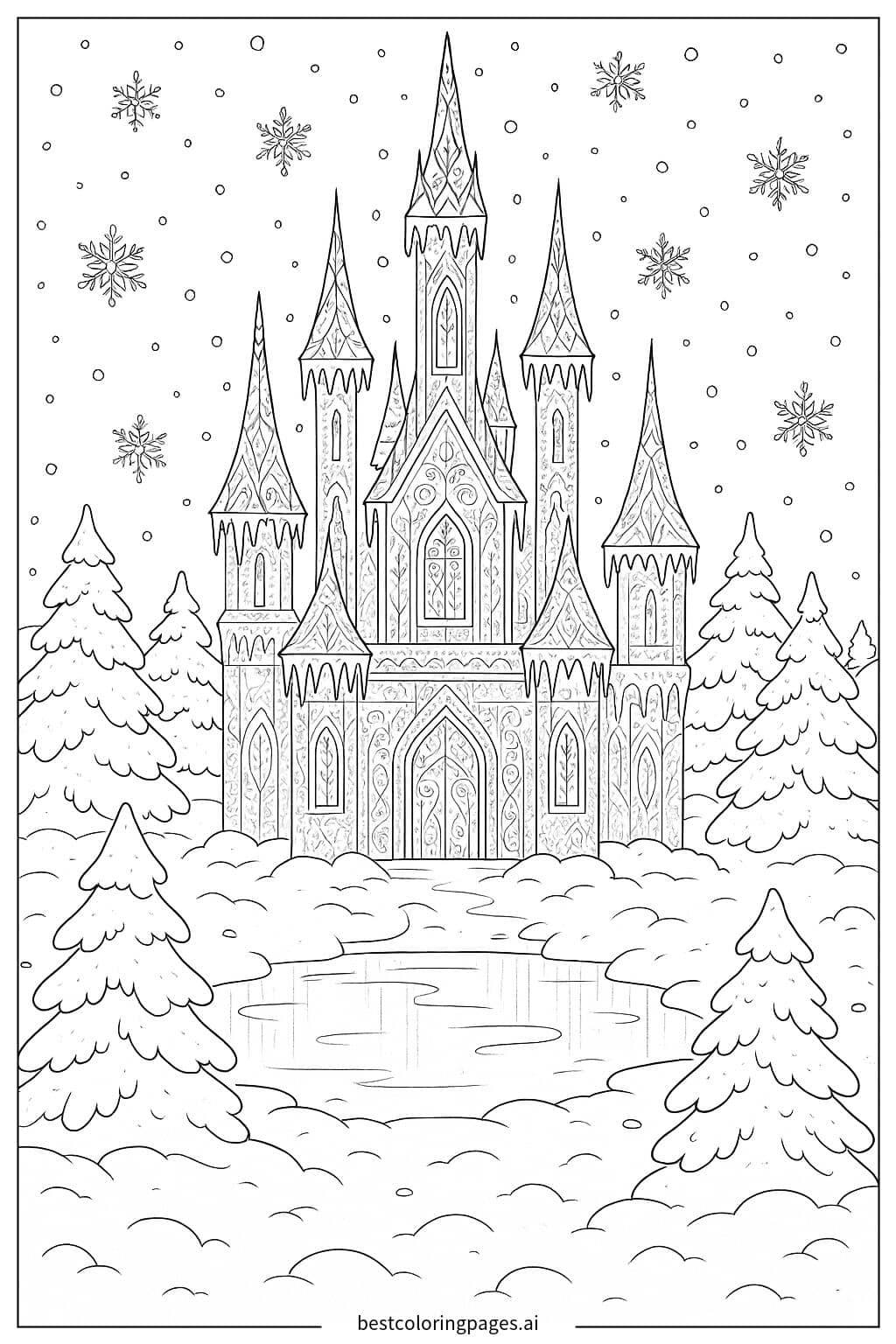Intricate Ice Castle with Snowy Landscape Coloring Page