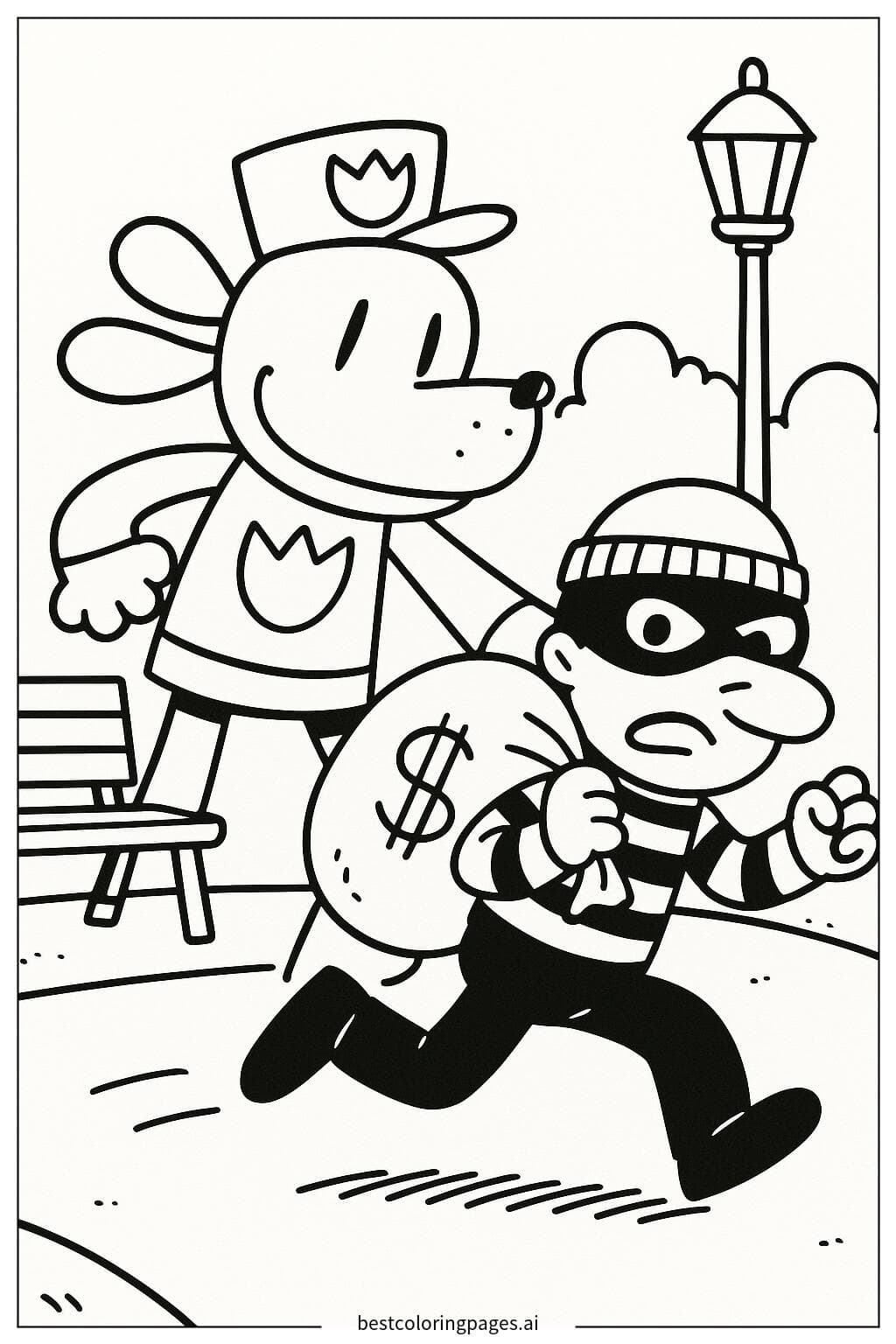 Dog Man Chasing a Thief Coloring Page