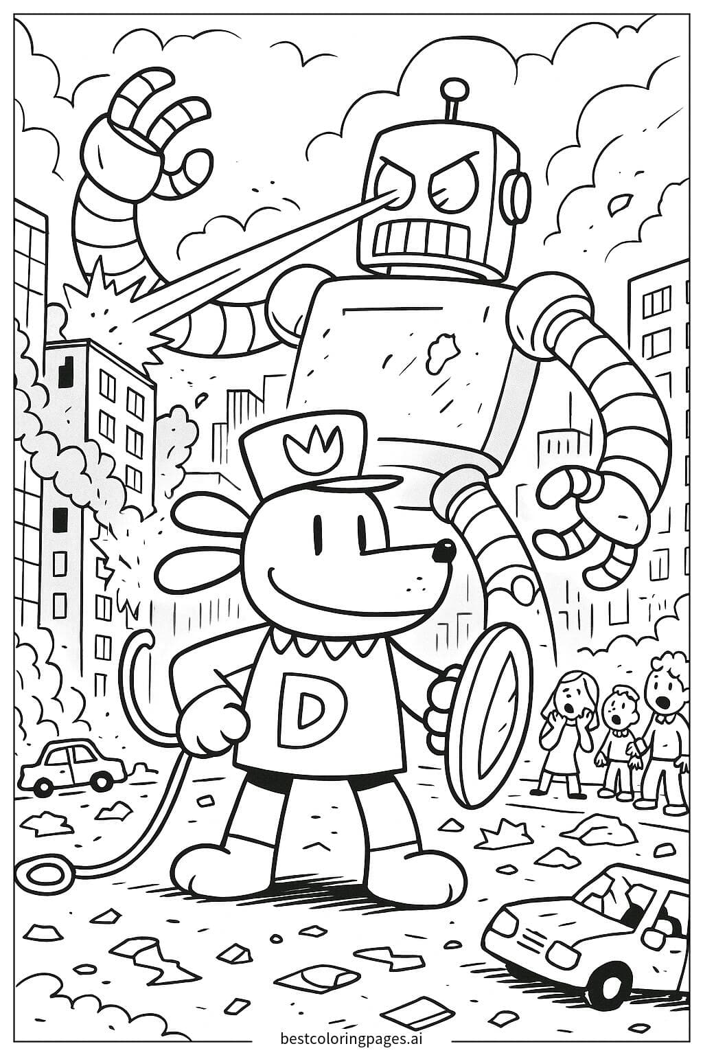 Dibujos de Dog Man salvando la ciudad de un robot gigante para Colorear