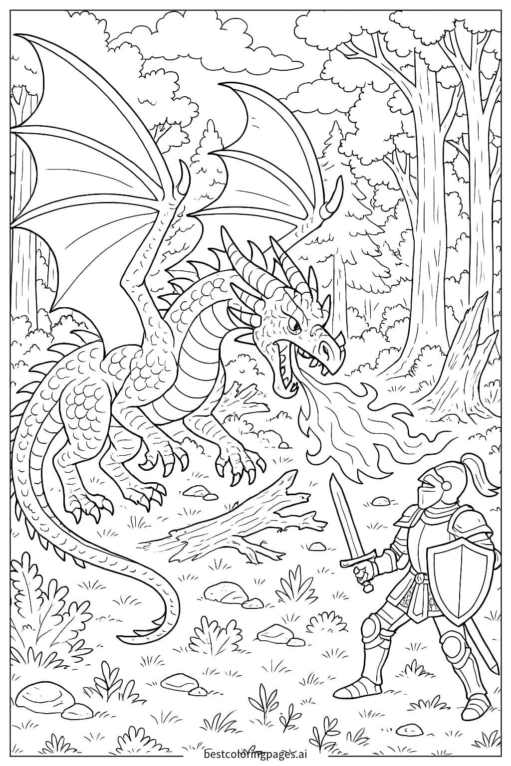 Epic Battle: Dragon vs. Brave Knight in Enchanted Forest