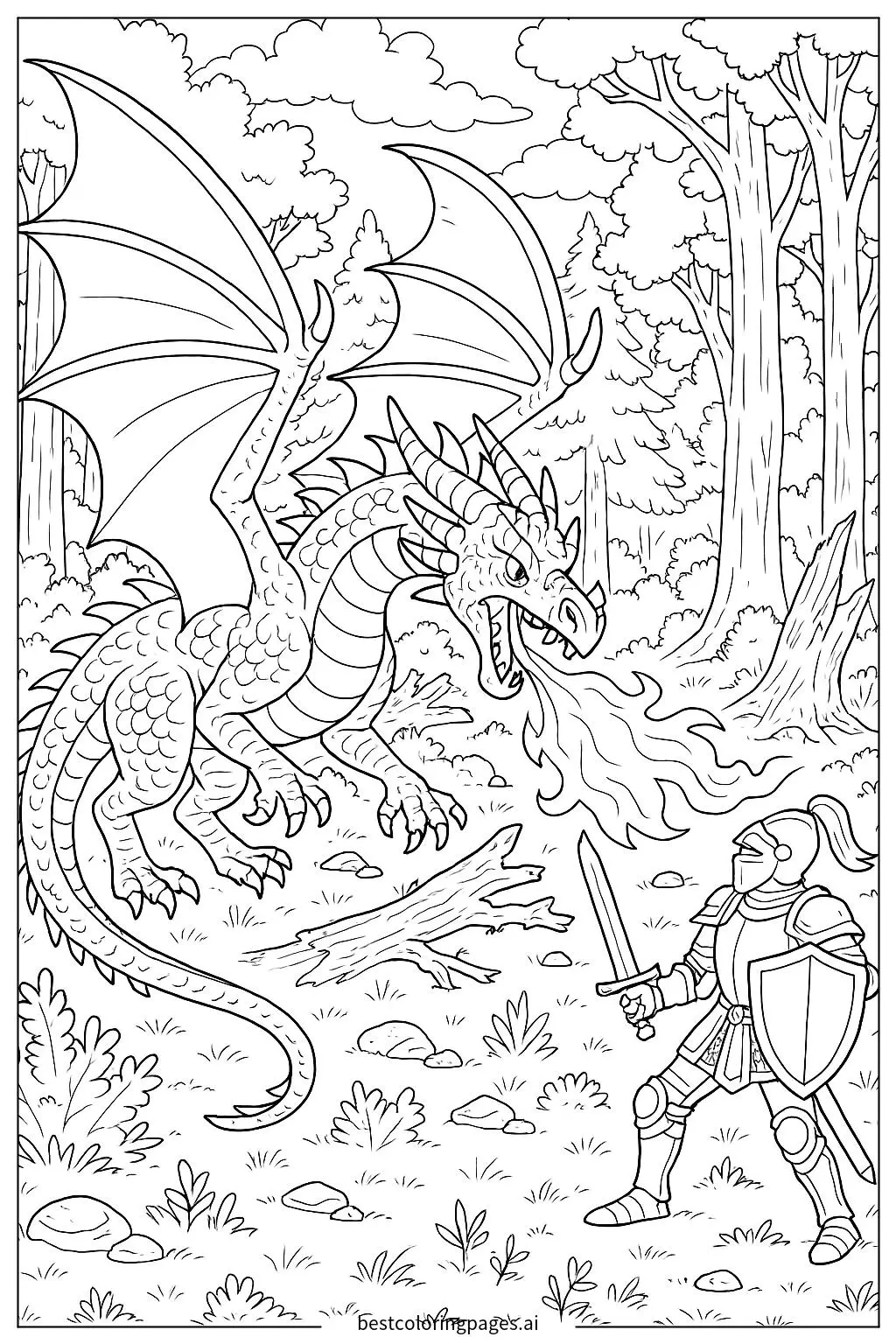 Epic Battle: Dragon vs. Brave Knight in Enchanted Forest Coloring Page