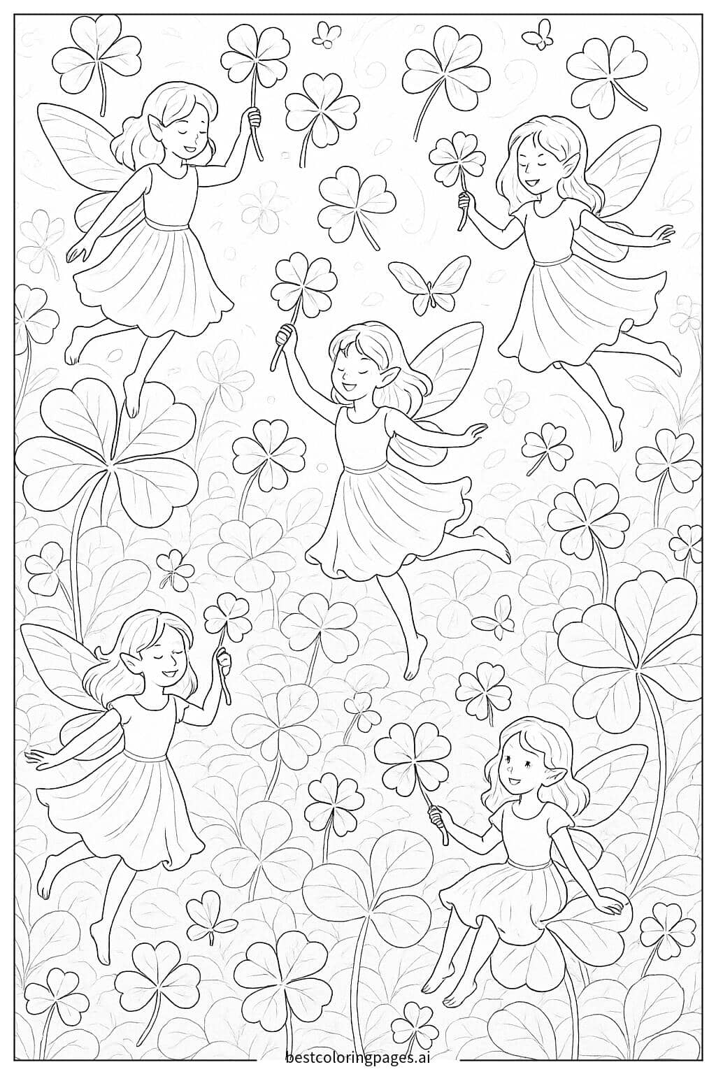 Fairies Dancing with Shamrocks Coloring Page