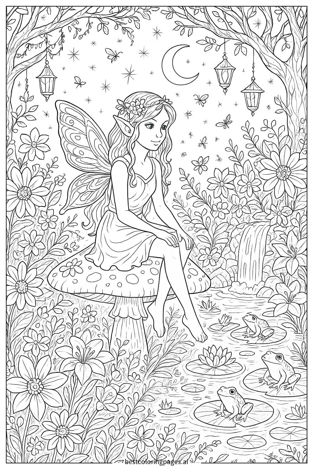 Enchanted Fairy Garden with Glowing Plants and Animals Coloring Page
